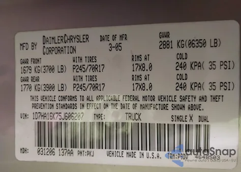 2005 Dodge Ram 1500 St из США, поврежденный, VIN 1D7HA16K75J606207